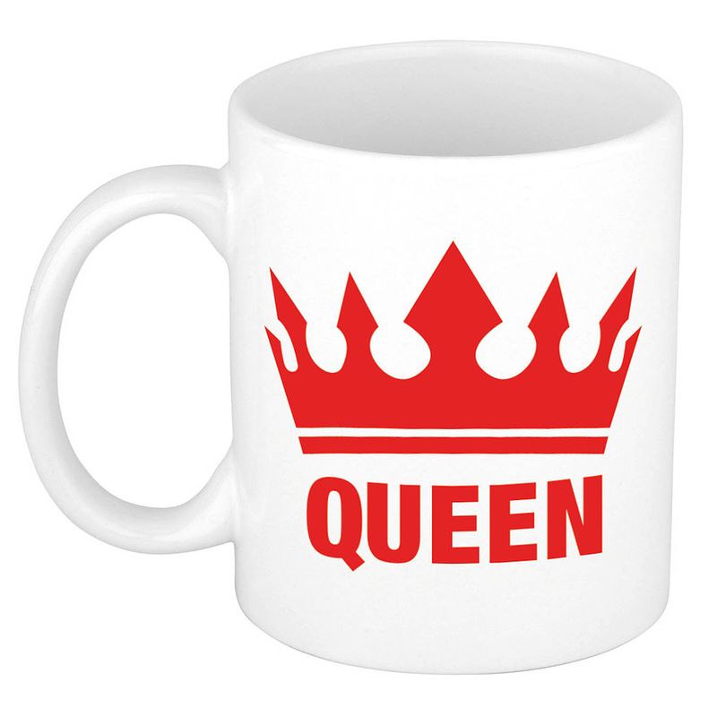 Foto van Cadeau queen mok/ beker wit met rode bedrukking 300 ml - feest mokken