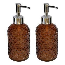 Foto van 2x stuks zeeppompjes/zeepdispensers brons kleur glas 410 ml - zeeppompjes