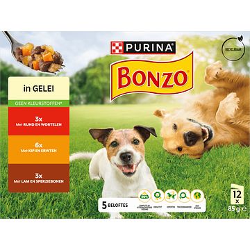 Foto van Bonzo pouch in gelei rund/kip/lam 12x85g bij jumbo