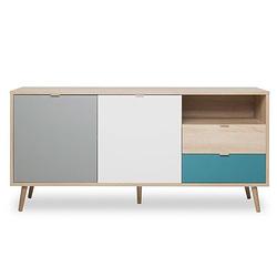 Foto van Cuba scandinavisch laag eiken, grijs en petrolblauw dressoir - b 150 x d 40 x h 71 cm