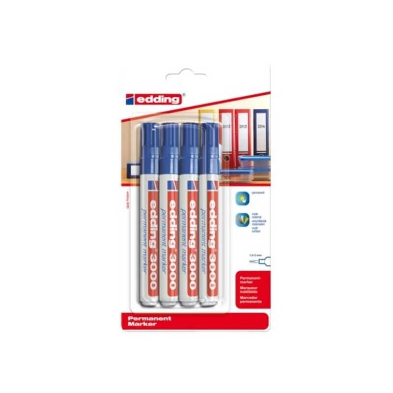 Foto van Edding permanent marker 3000, blauw, blister met 4 stuks