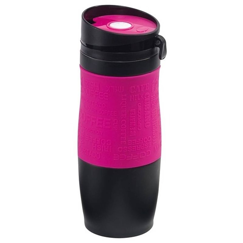 Foto van Dubbelwandige thermobeker roze/zwart 380 ml - thermosbeker