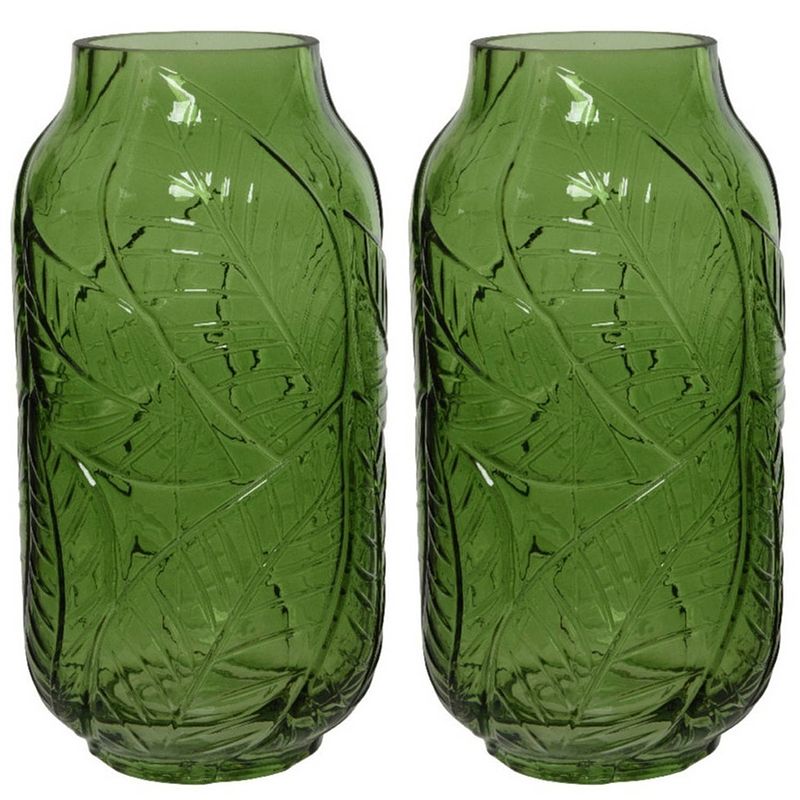 Foto van Set van 2x stuks groene vazen/bloemenvazen bladerenmotief 3 liter van glas 12 x 23 cm - vazen