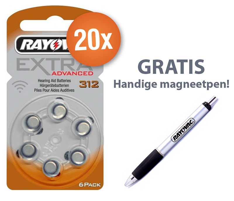 Foto van Voordeelpak rayovac gehoorapparaat batterijen - type 312 (bruin) - 20 x 6 stuks + gratis magnetische batterijpen