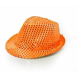 Foto van Oranje trilby hoedje met pailletten - verkleedhoofddeksels