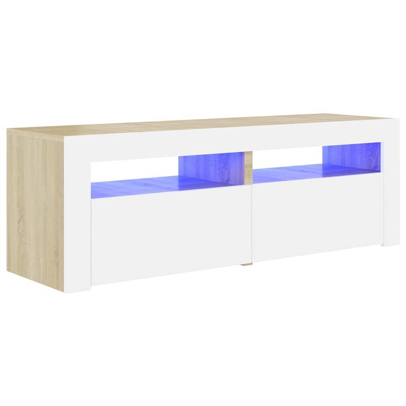 Foto van The living store tv-meubel modern s - tv-meubel - 120x35x40 cm - rgb led-verlichting - wit/sonoma eiken - bewerkt hout