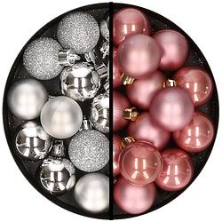 Foto van 36x stuks kunststof kerstballen zilver en oudroze 3 en 4 cm - kerstbal