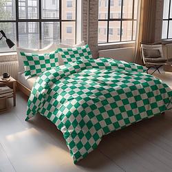 Foto van Dekbedovertrek chess block - eenpersoons (140x200 cm) - groen microvezel - dessin: - luna bedding - dekbed-discounter.nl