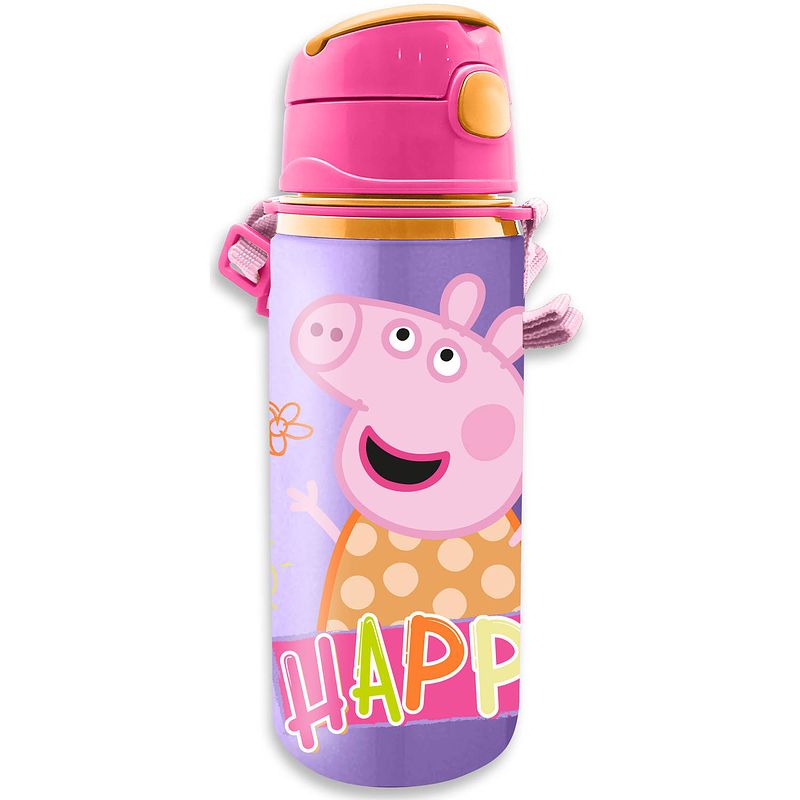 Foto van Peppa pig drinkfles/drinkbeker/bidon met drinktuitje - roze - aluminium - 600 ml - schoolbekers