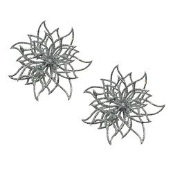 Foto van 2x stuks decoratie bloemen kerstster zilver glitter op clip 14 cm - kersthangers