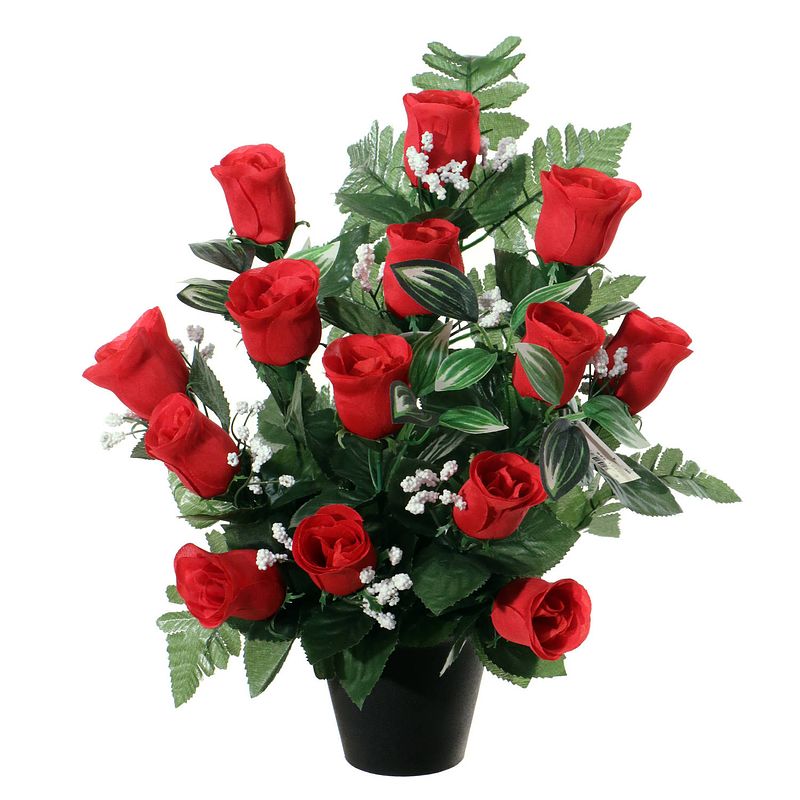Foto van Louis maes kunstbloemen in pot - rood - h35 cm - bloemstuk ornament - rozen/gipskruid met bladgroen - kunstbloemen