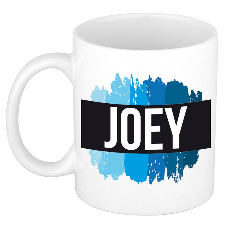 Foto van Naam cadeau mok / beker joey met blauwe verfstrepen 300 ml - naam mokken