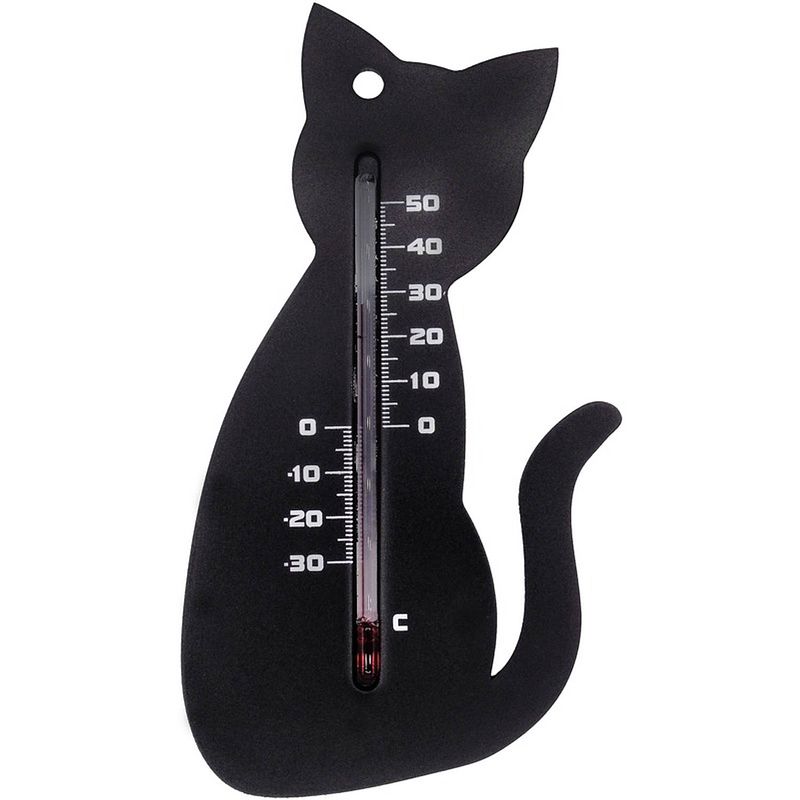 Foto van Binnen/buiten thermometer zwarte kat/poes 15 cm - tuindecoratie dieren - katten/poezen artikelen - buitenthemometers