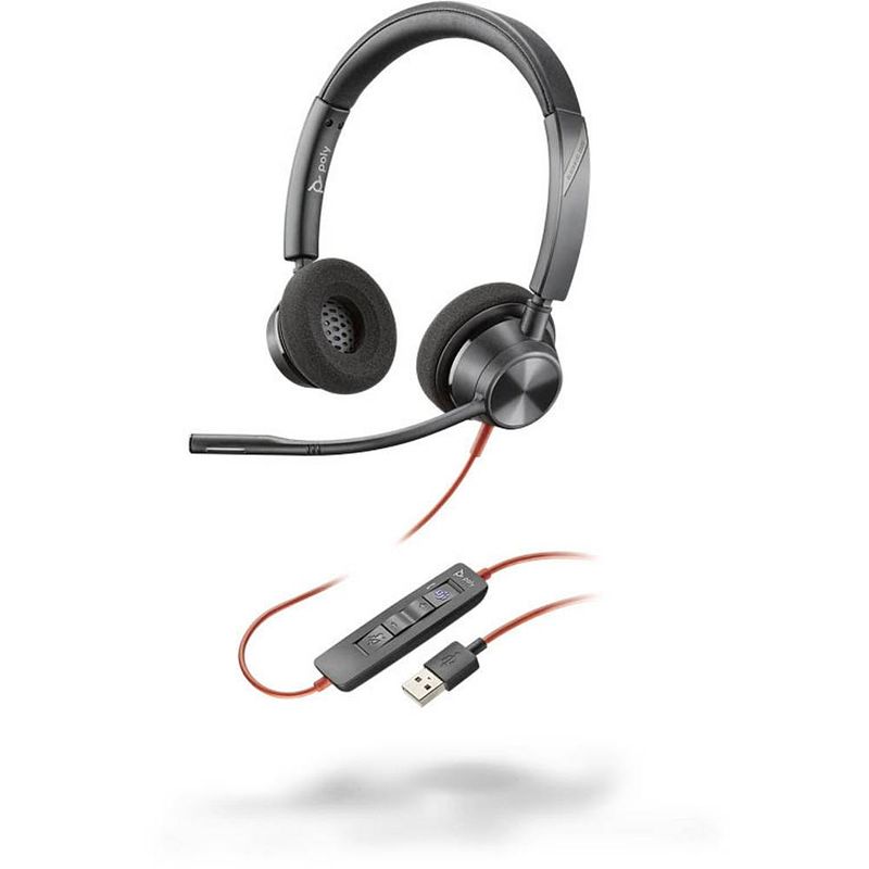 Foto van Plantronics blackwire 3320-m on ear headset kabel telefoon stereo zwart noise cancelling volumeregeling, microfoon uitschakelbaar (mute)