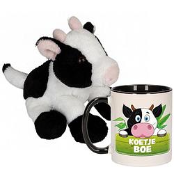 Foto van Cadeau set kind - koeien knuffel 15 cm en drinkbeker/mok koe 300 ml - knuffel boederijdieren