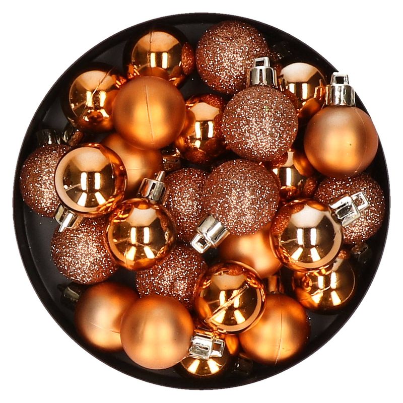 Foto van 20x stuks kleine kunststof kerstballen koper 3 cm - kerstbal