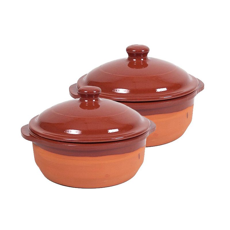 Foto van 4x terracotta braadpannen/ovenschalen klein met deksel 20 cm - braadpannen