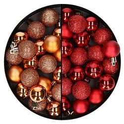 Foto van 40x stuks kleine kunststof kerstballen rood en koper 3 cm - kerstbal