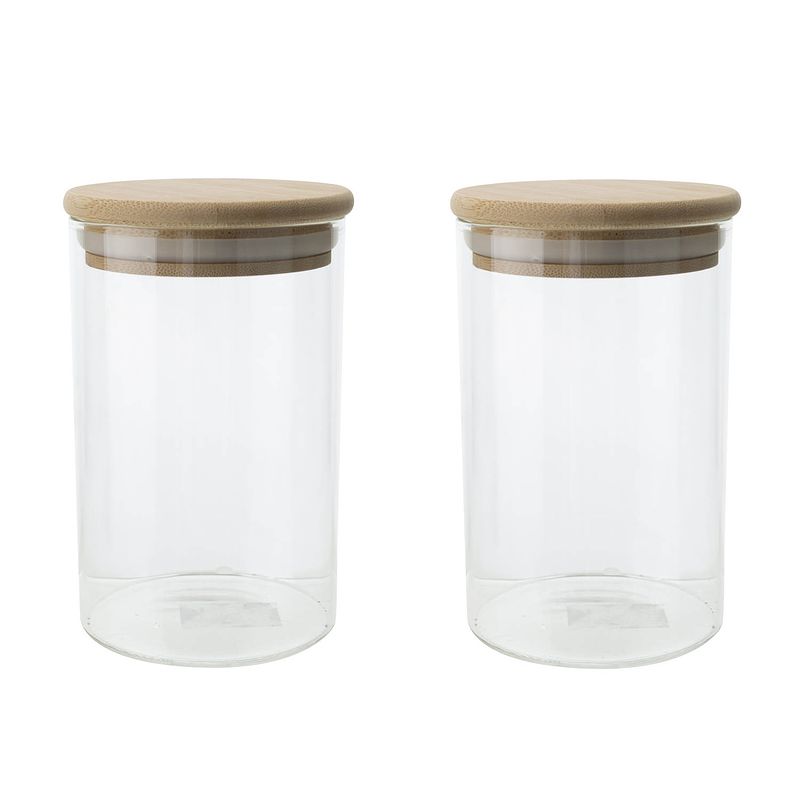 Foto van Set van 2x stuks voorraadpotten/bewaarpotten 500 ml glas met houten deksel - voorraadpot