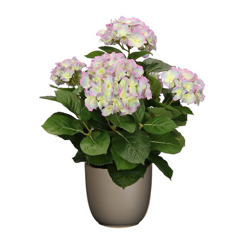 Foto van Hortensia kunstplant/kunstbloemen 45 cm - paars/groen - in pot taupe mat - kunstplanten