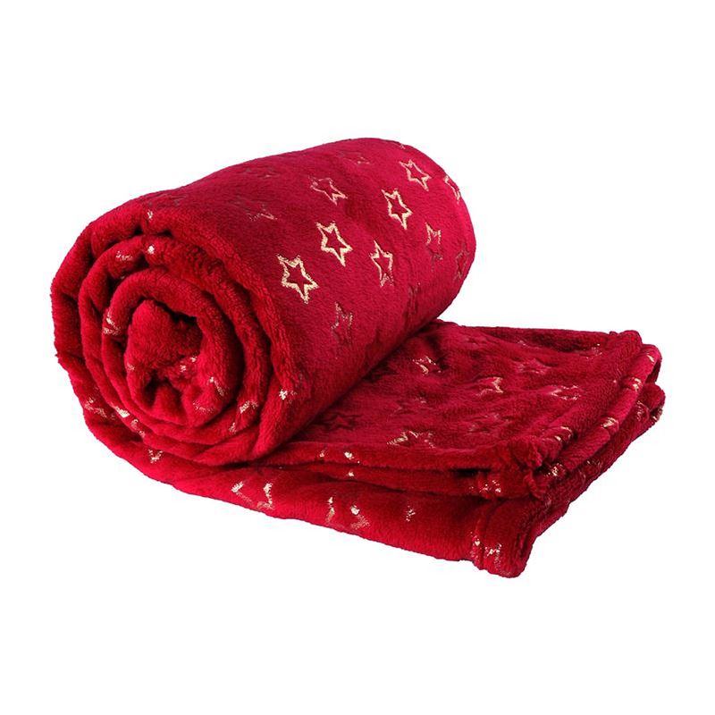 Foto van Unique living golden star fleece plaid - 100% polyester - 130x160 cm - red