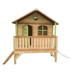 Foto van Axi stef speelhuis op palen & witte glijbaan speelhuisje voor de tuin / buiten in bruin & groen van fsc hout