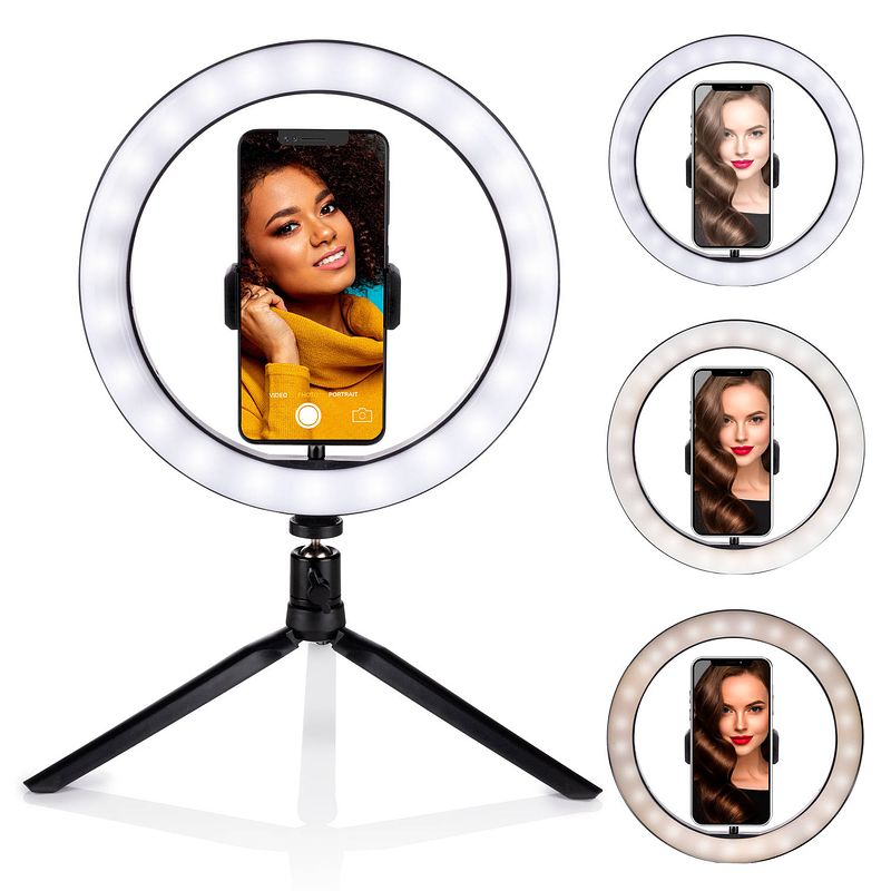 Foto van Grundig selfie ringlamp op statief - ring light - voor smartphone - social media en vlogs - led - 25 cm