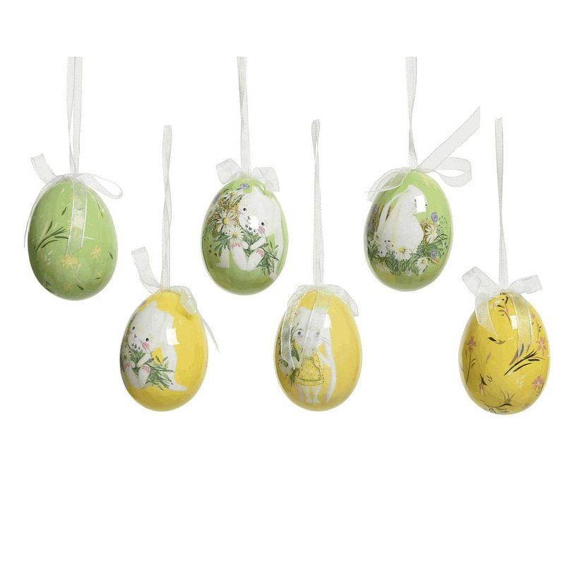 Foto van 6x stuks decoratie paaseieren hangend - 6 cm - konijntjes - foam - feestdecoratievoorwerp