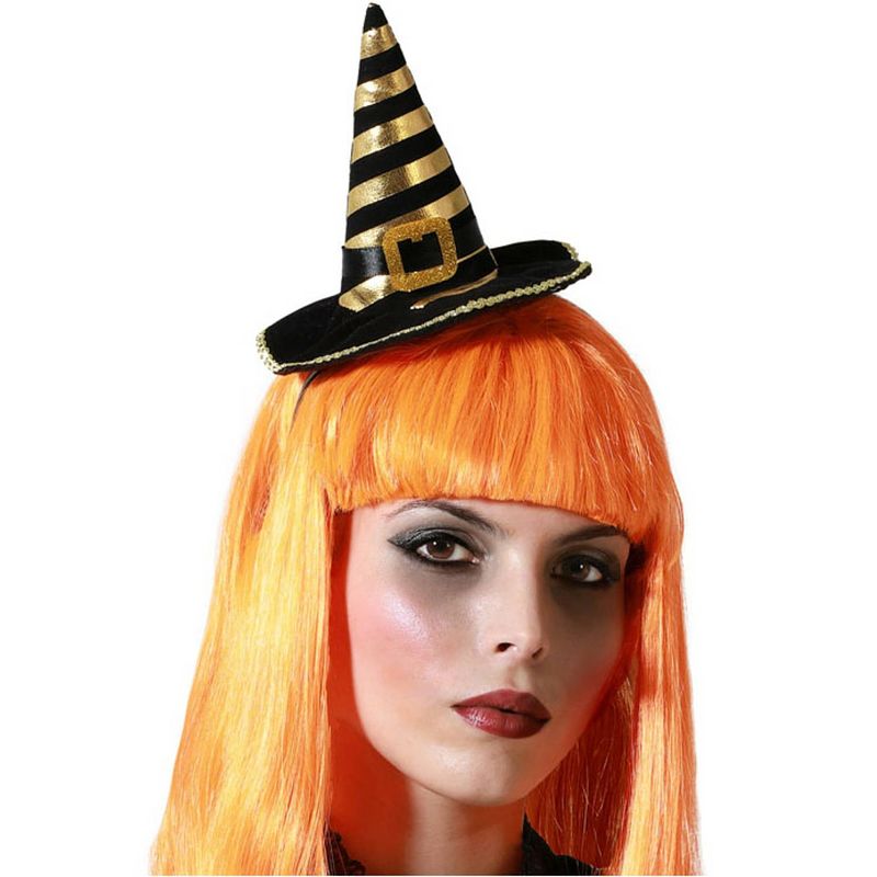 Foto van Halloween heksenhoed - mini hoedje op diadeem - one size - zwart/oranje - meisjes/dames - verkleedhoofddeksels