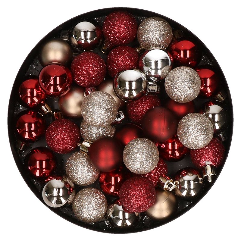 Foto van Set van 40x stuks kunststof kerstballen mix champagne en donkerrood 3 cm - kerstbal