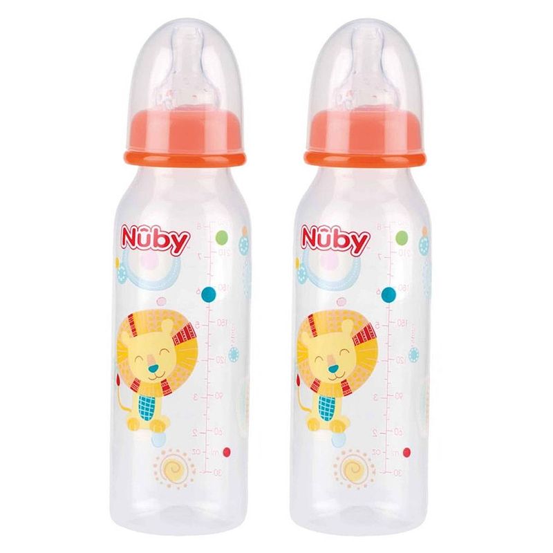 Foto van 2x stuks oranje nuby baby drinkfles met leeuw 240 ml - baby drinkflessen