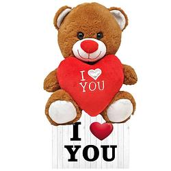 Foto van Donker bruine pluche knuffelbeer 30 cm incl. valentijnskaart i love you - knuffelberen