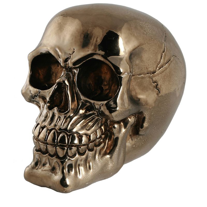 Foto van Out of the blue spaarpot van doodshoofd/skull - polyresin - 15 cm - gold dark - volwassenen - spaarpotten
