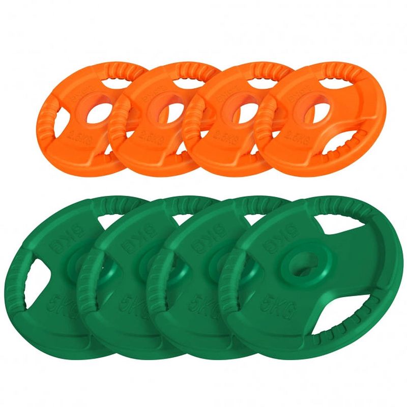 Foto van Gorilla sports voordeelbundel olympische halterschijven 4 x 2,5 + 4 x 5 kg gripper gietijzer rubber coating - 50 mm