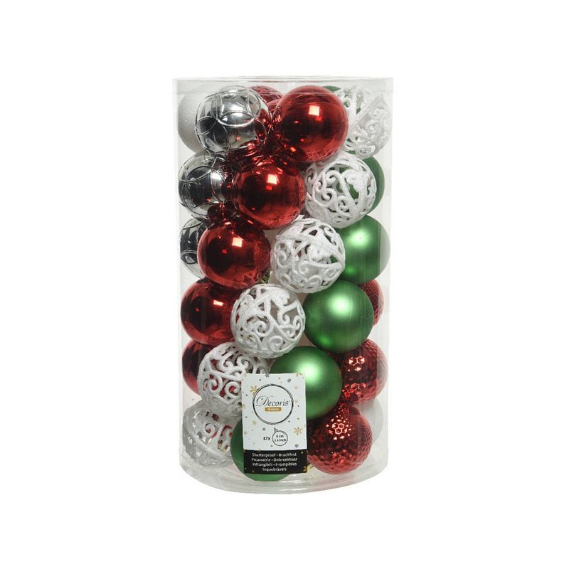 Foto van 37x stuks kunststof kerstballen wit/rood/groen/zilver mix 6 cm - kerstbal