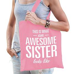 Foto van Bellatio decorations cadeau tas voor zus - roze - katoen - 42 x 38 cm - awesome sister - feest boodschappentassen