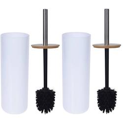 Foto van 2x witte toiletborstel houders met bamboe 26 cm - toiletborstels