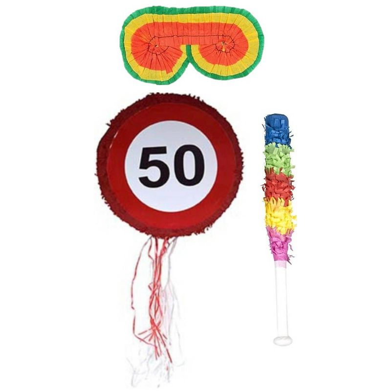 Foto van Verjaardag pinata 50 jaar van 50 cm set met stok en masker - pinatas