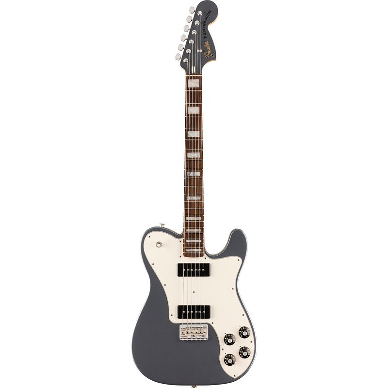 Foto van Fender chris shiflett cleaver telecaster deluxe charcoal frost metallic elektrische gitaar met gitaarkoffer