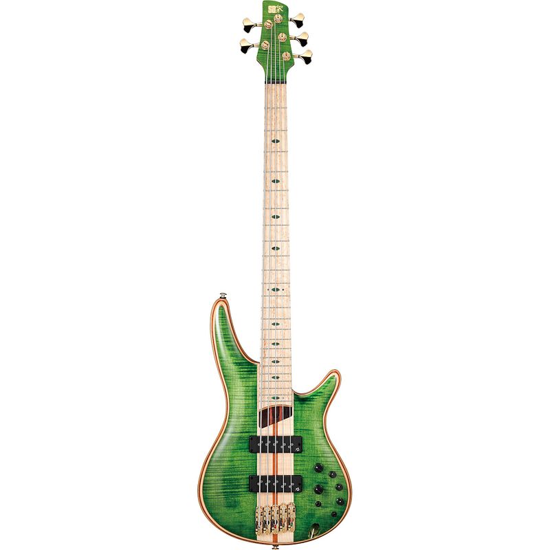 Foto van Ibanez premium sr5fmdx emerald green low gloss 5-snarige elektrische basgitaar met gigbag