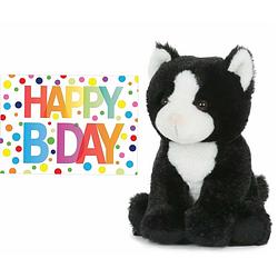 Foto van Pluche knuffel kat/poes zwart/wit 18 cm met a5-size happy birthday wenskaart - knuffel huisdieren