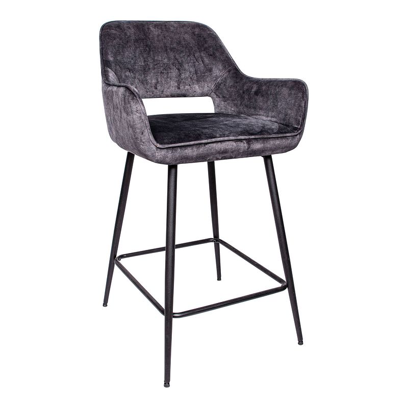 Foto van Ptmd fal low velvet anthracite bar stool black metal le