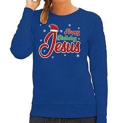 Foto van Foute kerstborrel trui / kersttrui happy birthday jesus / jezus blauw voor dames 2xl (44) - kerst truien