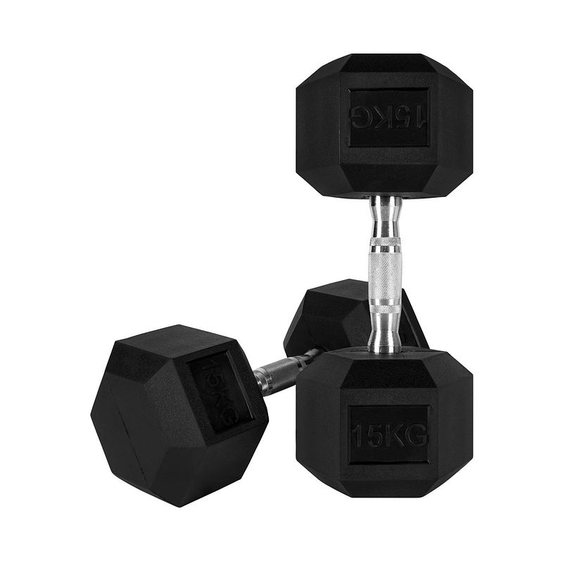 Foto van Ryzor hexagon dumbbell - 15 kg - rubber - zwart - 1 paar