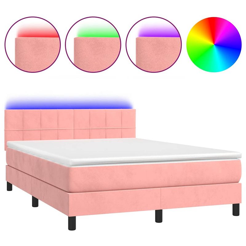 Foto van The living store boxspring - fluweel - led - pocketvering - bed 193x144x78/88cm - roze