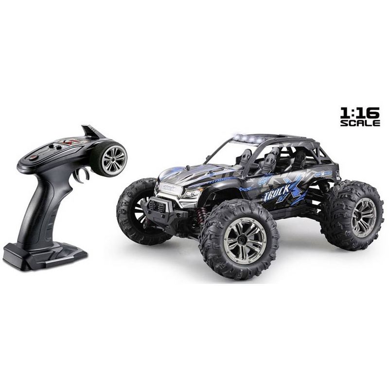 Foto van Absima x truck zwart, blauw brushed 1:16 rc auto elektro buggy 4wd rtr 2,4 ghz incl. accu en laadkabel