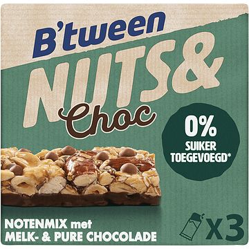 Foto van B'stween nuts & choc notenmix met melk & pure chocolade 3 x 32g bij jumbo