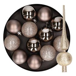 Foto van 12x stuks kunststof kerstballen 6 cm inclusief glitter piek champagne - kerstbal