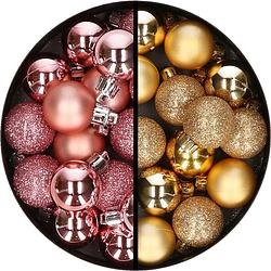 Foto van 34x stuks kunststof kerstballen roze en goud 3 cm - kerstbal