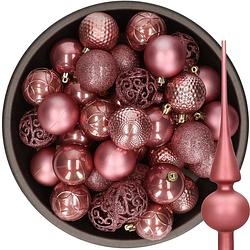 Foto van 37x stuks kunststof kerstballen 6 cm incl. glazen piek mat oudroze - kerstbal